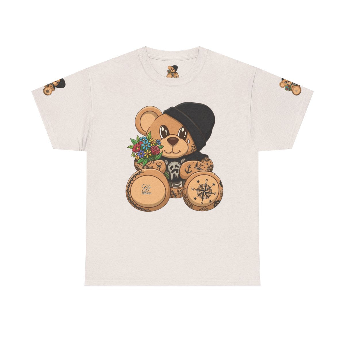 Hood Teddy Bear with Tats  in Black  Unisex Heavy Cotton Tee by GT Artland