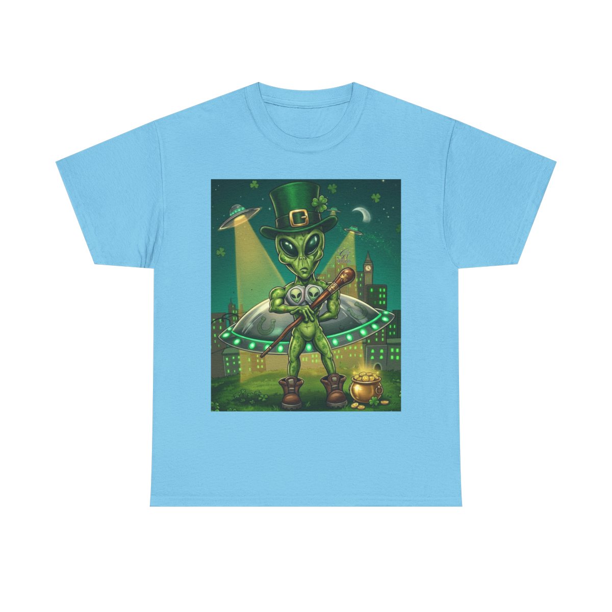 UFO Leprechaun Alien Abduction St Patricks Theme Unisex Heavy Cotton Tee BY GT ARTLAND