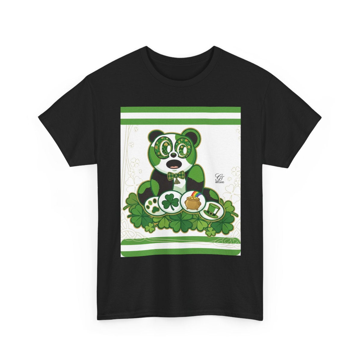 LUCKY CHARM URBAN PANDA GT Green Stripe Designer White Edition Unisex Heavy Cotton Tee by GT Artland