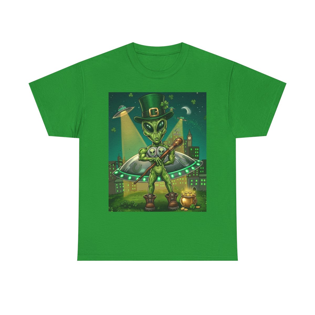 UFO Leprechaun Alien Abduction St Patricks Theme Unisex Heavy Cotton Tee BY GT ARTLAND