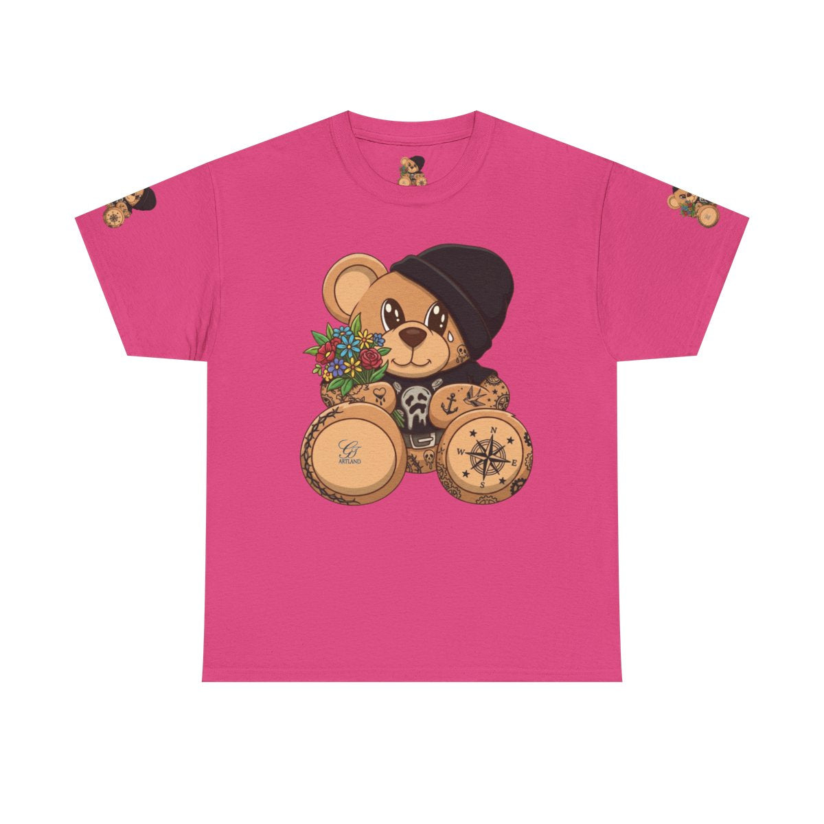 Hood Teddy Bear with Tats  in Black  Unisex Heavy Cotton Tee by GT Artland