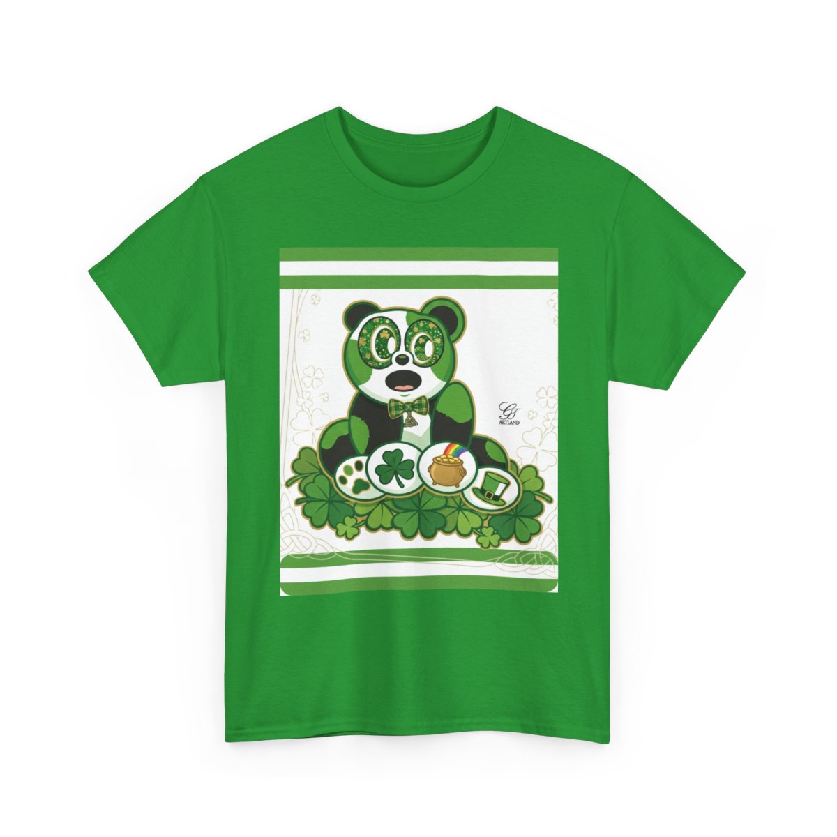 LUCKY CHARM URBAN PANDA GT Green Stripe Designer White Edition Unisex Heavy Cotton Tee by GT Artland
