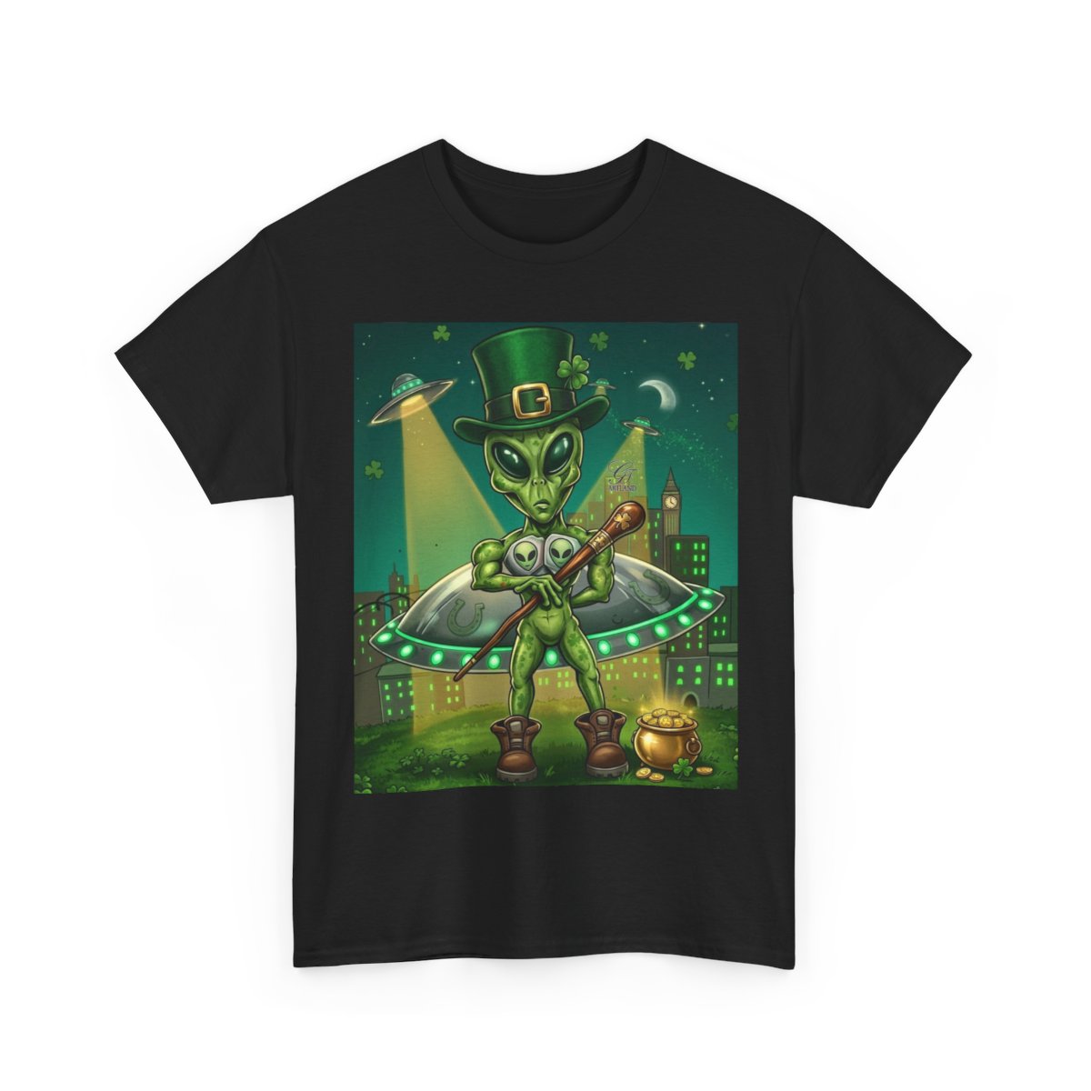 UFO Leprechaun Alien Abduction St Patricks Theme Unisex Heavy Cotton Tee BY GT ARTLAND