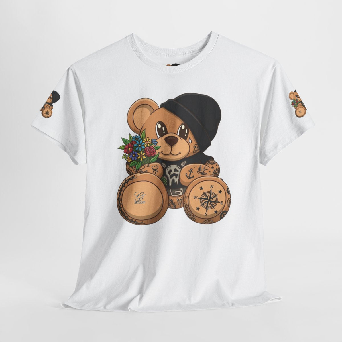 Hood Teddy Bear with Tats  in Black  Unisex Heavy Cotton Tee by GT Artland