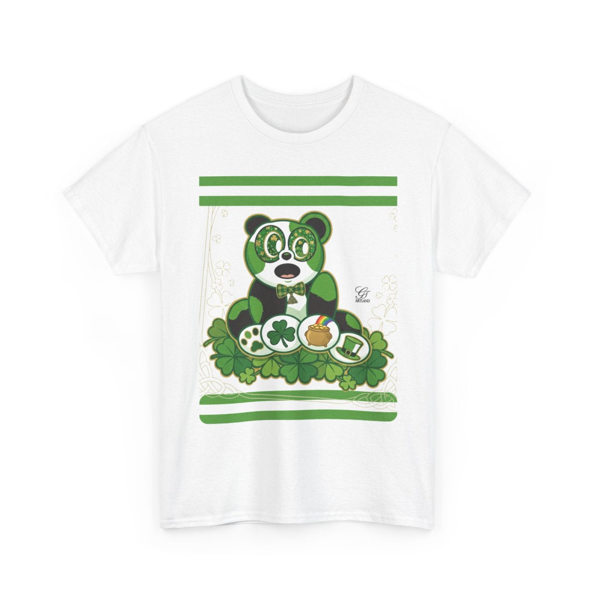 LUCKY CHARM URBAN PANDA GT Green Stripe Designer White Edition Unisex Heavy Cotton Tee by GT Artland
