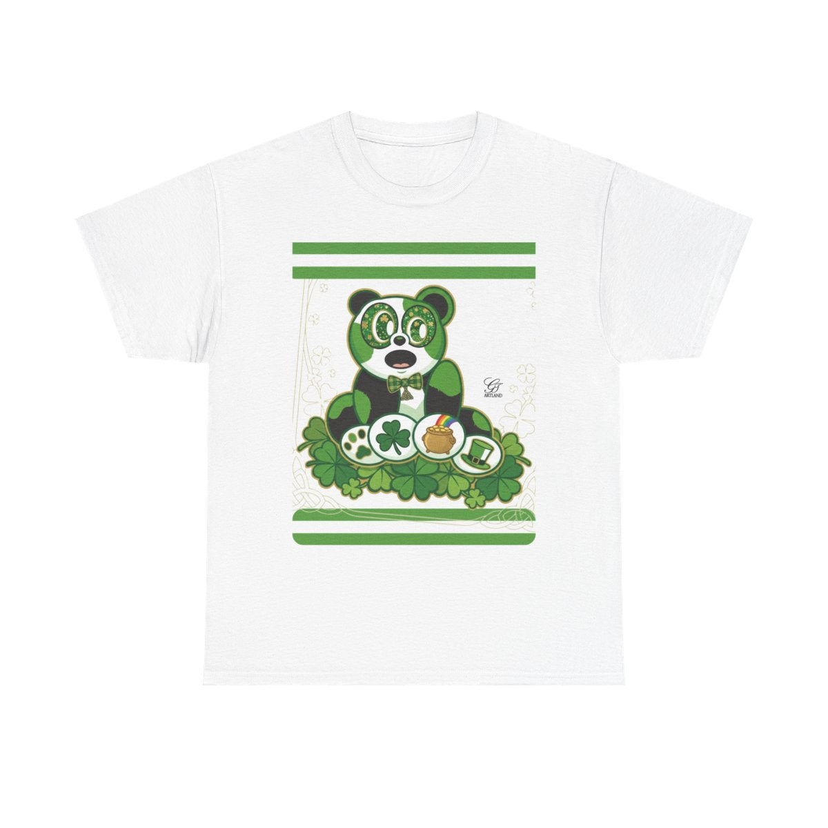 LUCKY CHARM URBAN PANDA GT Green Stripe Designer White Edition Unisex Heavy Cotton Tee by GT Artland