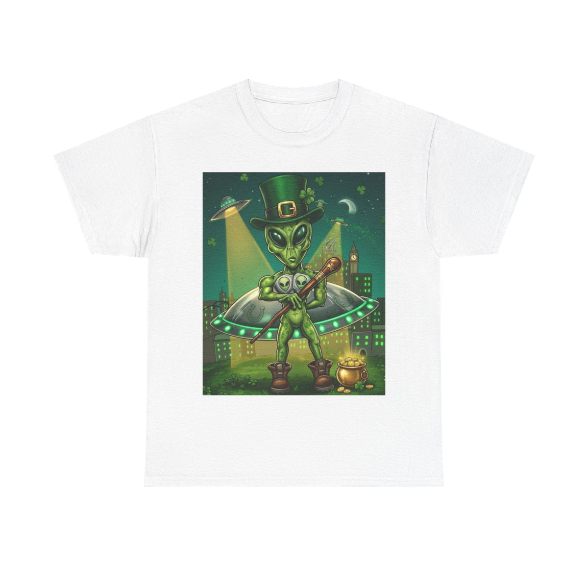 UFO Leprechaun Alien Abduction St Patricks Theme Unisex Heavy Cotton Tee BY GT ARTLAND