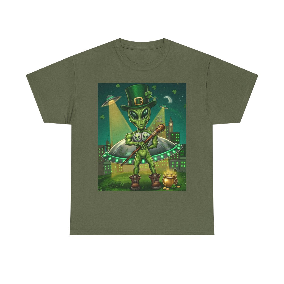 UFO Leprechaun Alien Abduction St Patricks Theme Unisex Heavy Cotton Tee BY GT ARTLAND