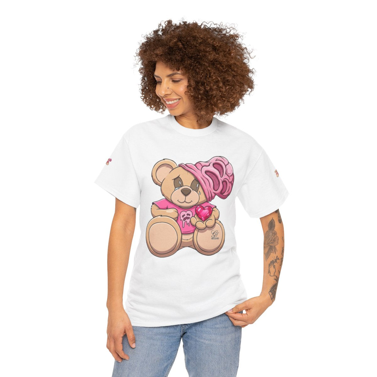 Pink Teddy Bear Goon with Heart Designer Unisex Heavy Cotton Tee by GT Artland