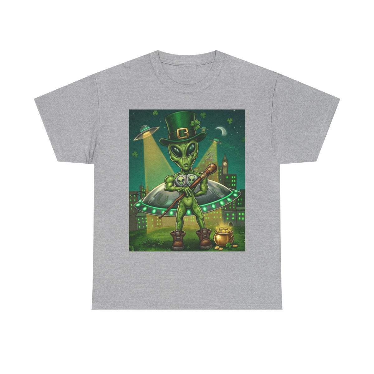 UFO Leprechaun Alien Abduction St Patricks Theme Unisex Heavy Cotton Tee BY GT ARTLAND