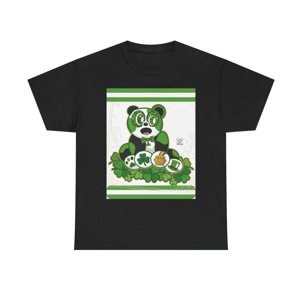 LUCKY CHARM URBAN PANDA GT Green Stripe Designer White Edition Unisex Heavy Cotton Tee by GT Artland
