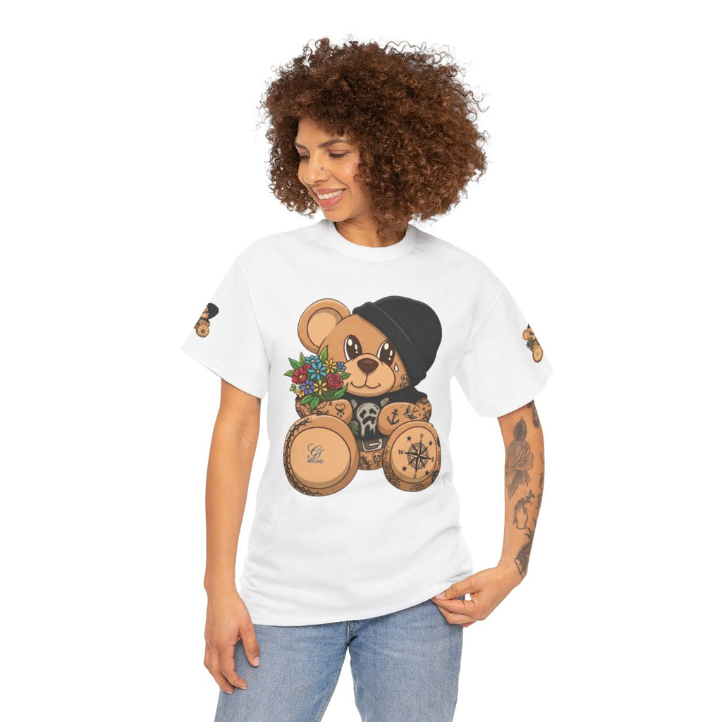 Hood Teddy Bear with Tats  in Black  Unisex Heavy Cotton Tee by GT Artland