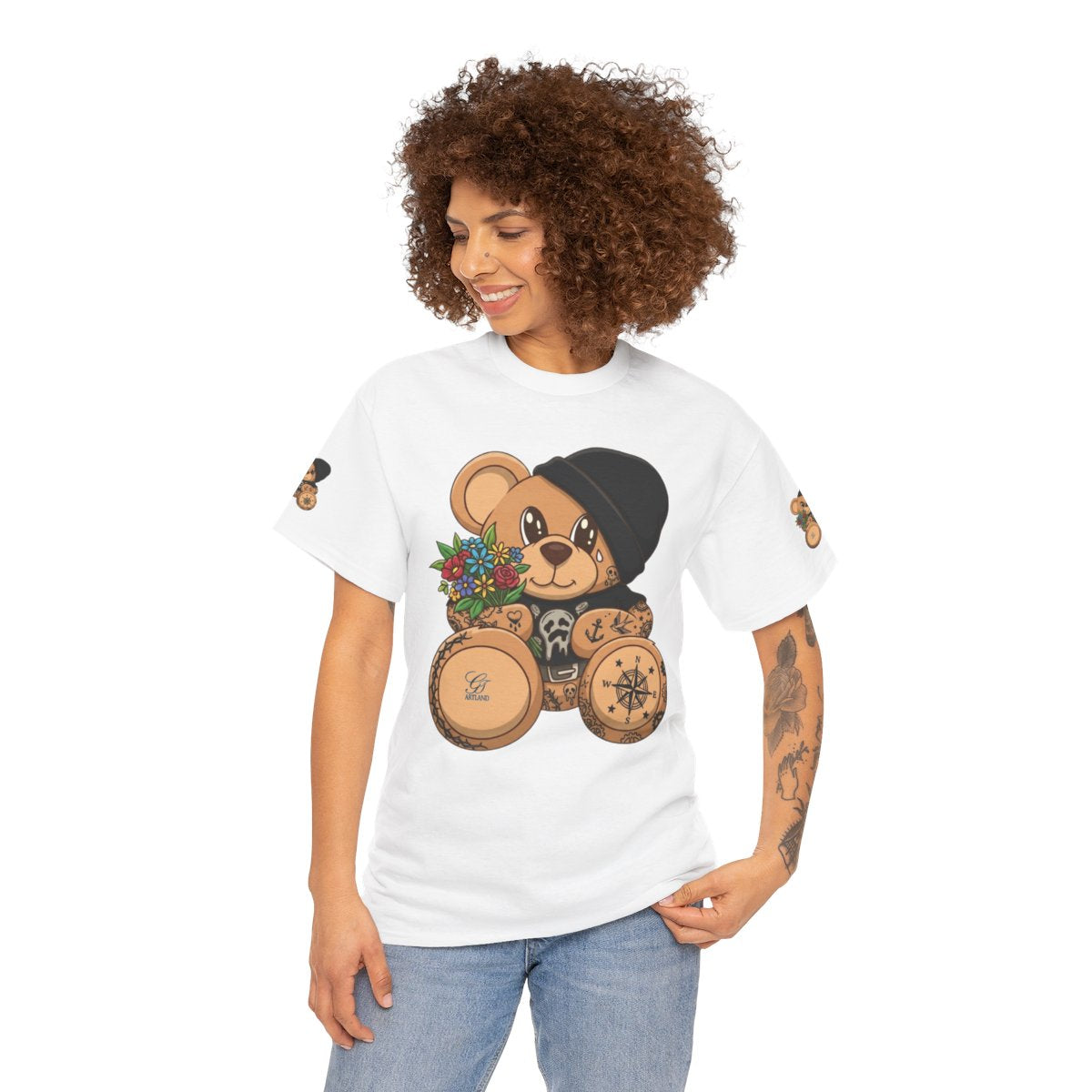 Hood Teddy Bear with Tats  in Black  Unisex Heavy Cotton Tee by GT Artland
