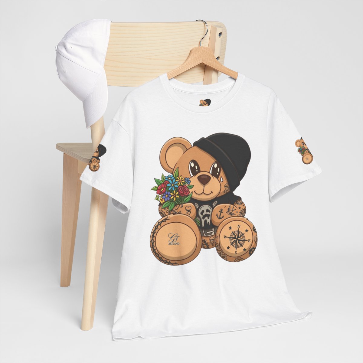 Hood Teddy Bear with Tats  in Black  Unisex Heavy Cotton Tee by GT Artland