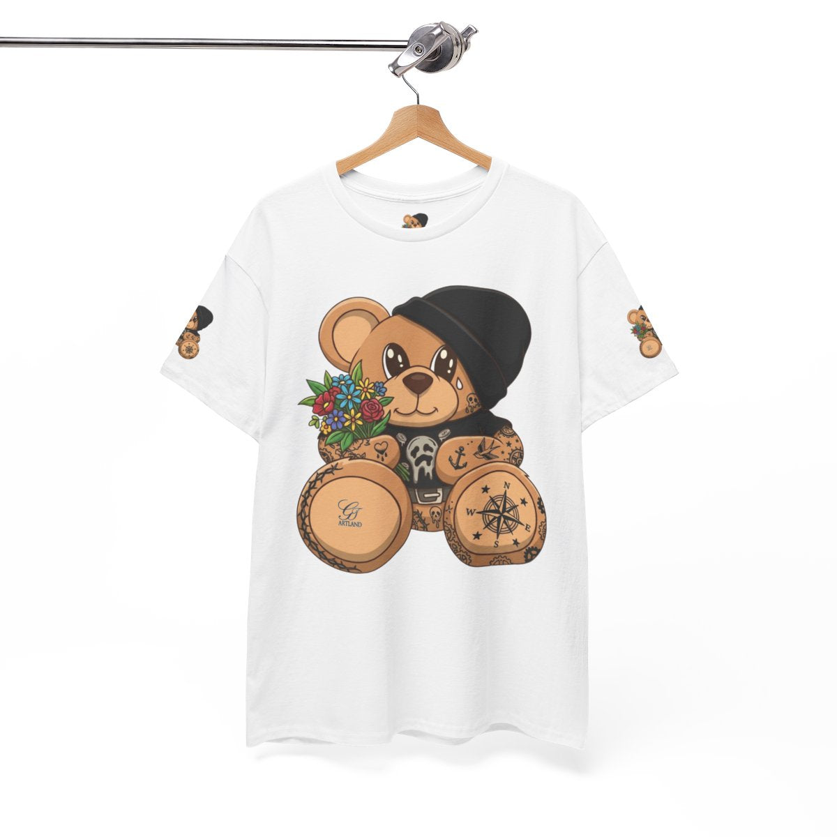 Hood Teddy Bear with Tats  in Black  Unisex Heavy Cotton Tee by GT Artland
